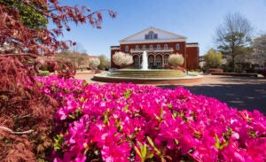 Wright Auditorium Fountain with Pink Flowers